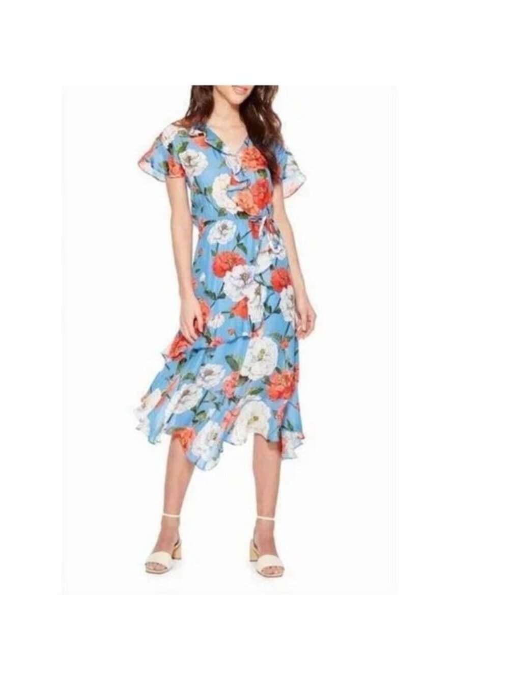 Parker Reina Maritime Blue Floral Silk Ruffle Midi Dress